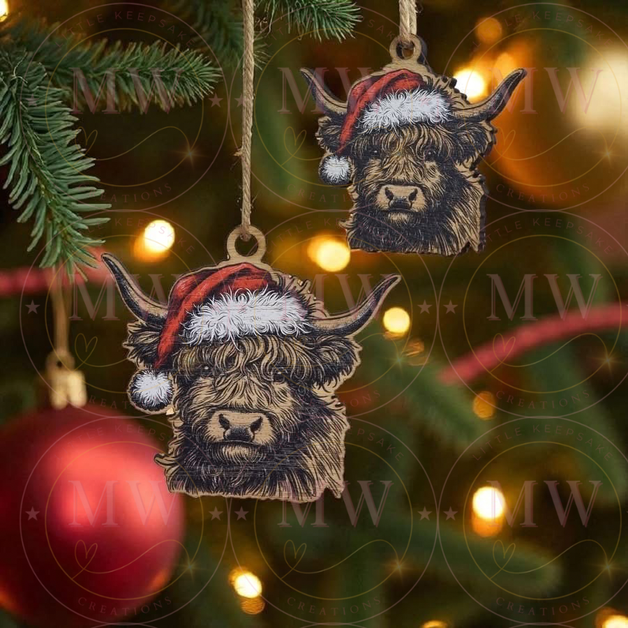 Christmas Highland Cow Oak Decoration.