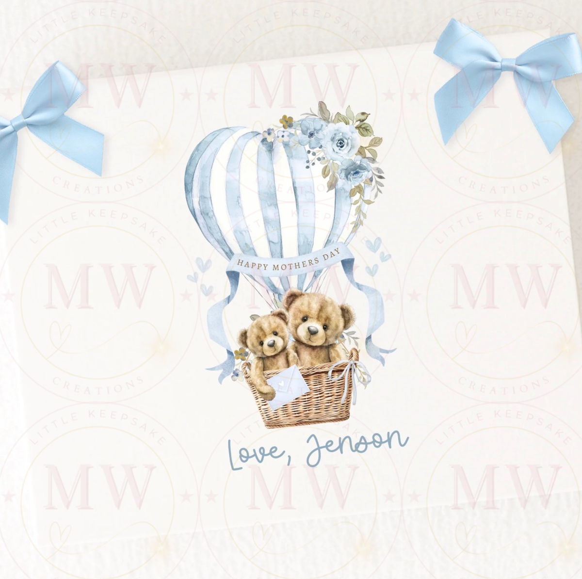 Mother’s Day White Magnetic Gift Box with Bear Hot Air Balloon Design.