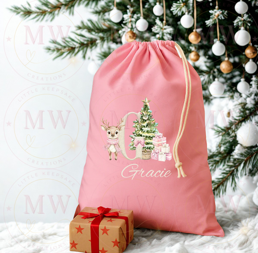 Christmas Pink Personalised Sack with Deer Initial.