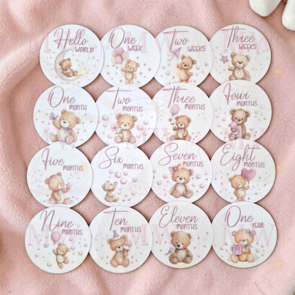 Milestone Teddy Bear Print Circle Acrylic Discs - Pink.