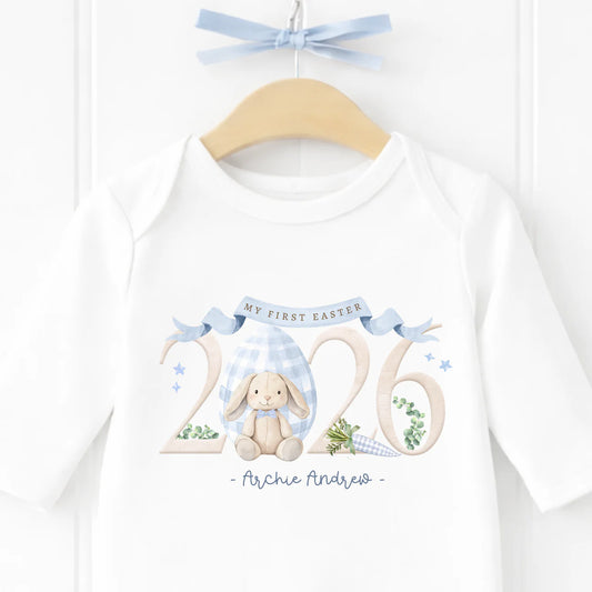 My First Easter White Baby Grow with Blue Design.