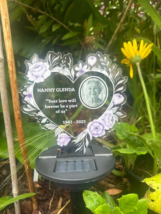 Solar Light Personalised Floral Heart Printed Memorial.